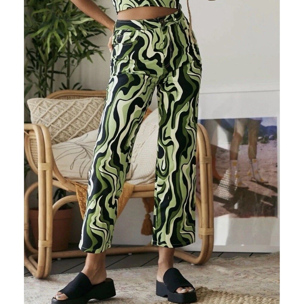Another Girl Green/Black Swirl Straight Leg Pant, High Waist, Size 4, Retro